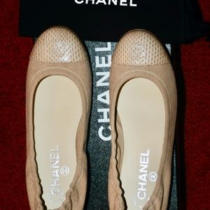 CHANEL dk beige ballet flats, snakeskin toe NIB